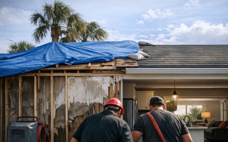 A Florida home with unfinished hurricane damage repairs