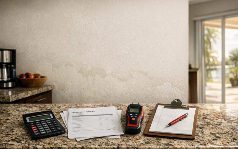 Calculator, restoration estimate, and moisture meter on a Sarasota kitchen counter after a water